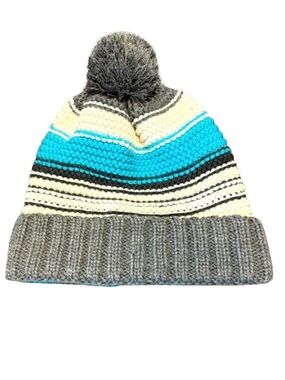 NWOT Unisex Women Men Blue Gray White Striped  Beanie Hat PomPom One Size